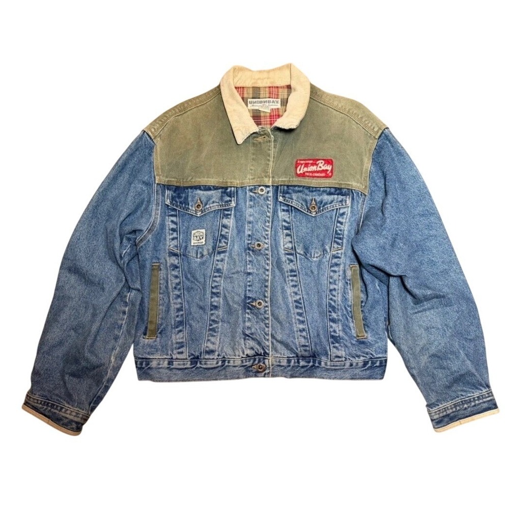 Unionbay Sanforized Vintage Denim Jacket Size Large Mixed Media Corduroy Plaid